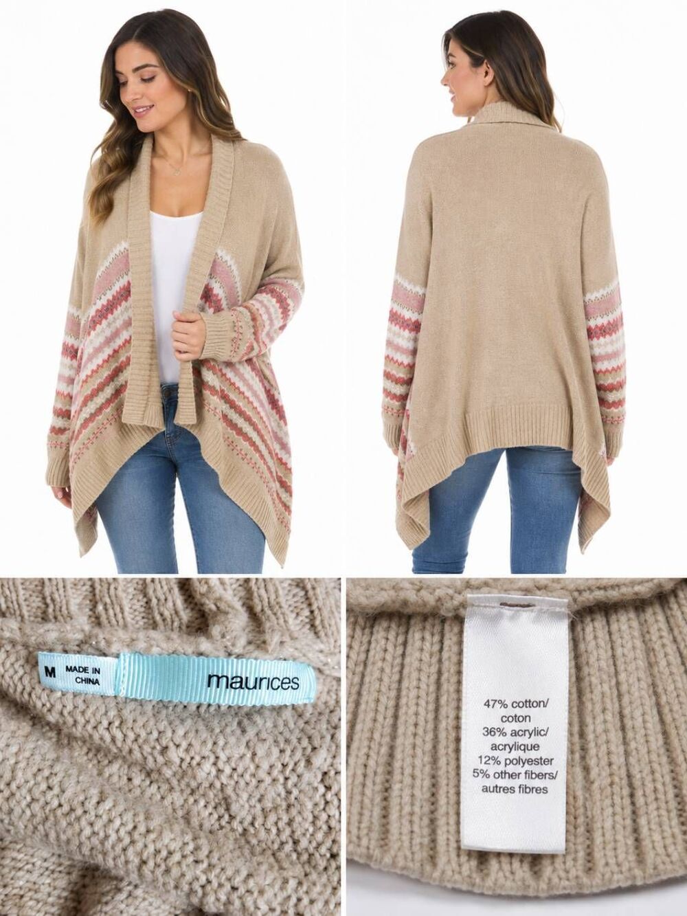Maurices M Fair Isle Open Front Waterfall Cardigan Sweater